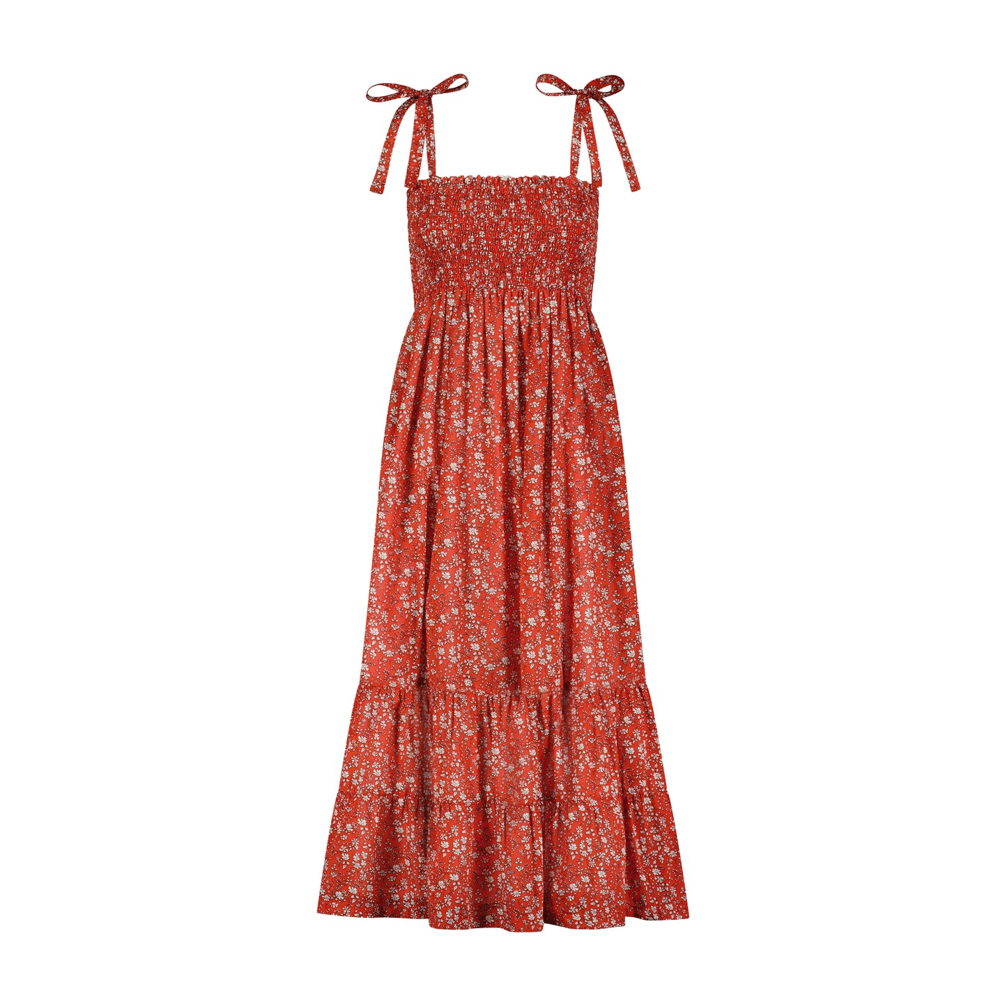 Queen B....India WOMEN'S Smocked Shoulder Tie Maxi Dress Red Floral