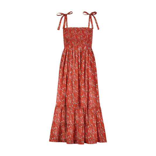 Queen B....India WOMEN'S Smocked Shoulder Tie Maxi Dress Red Floral