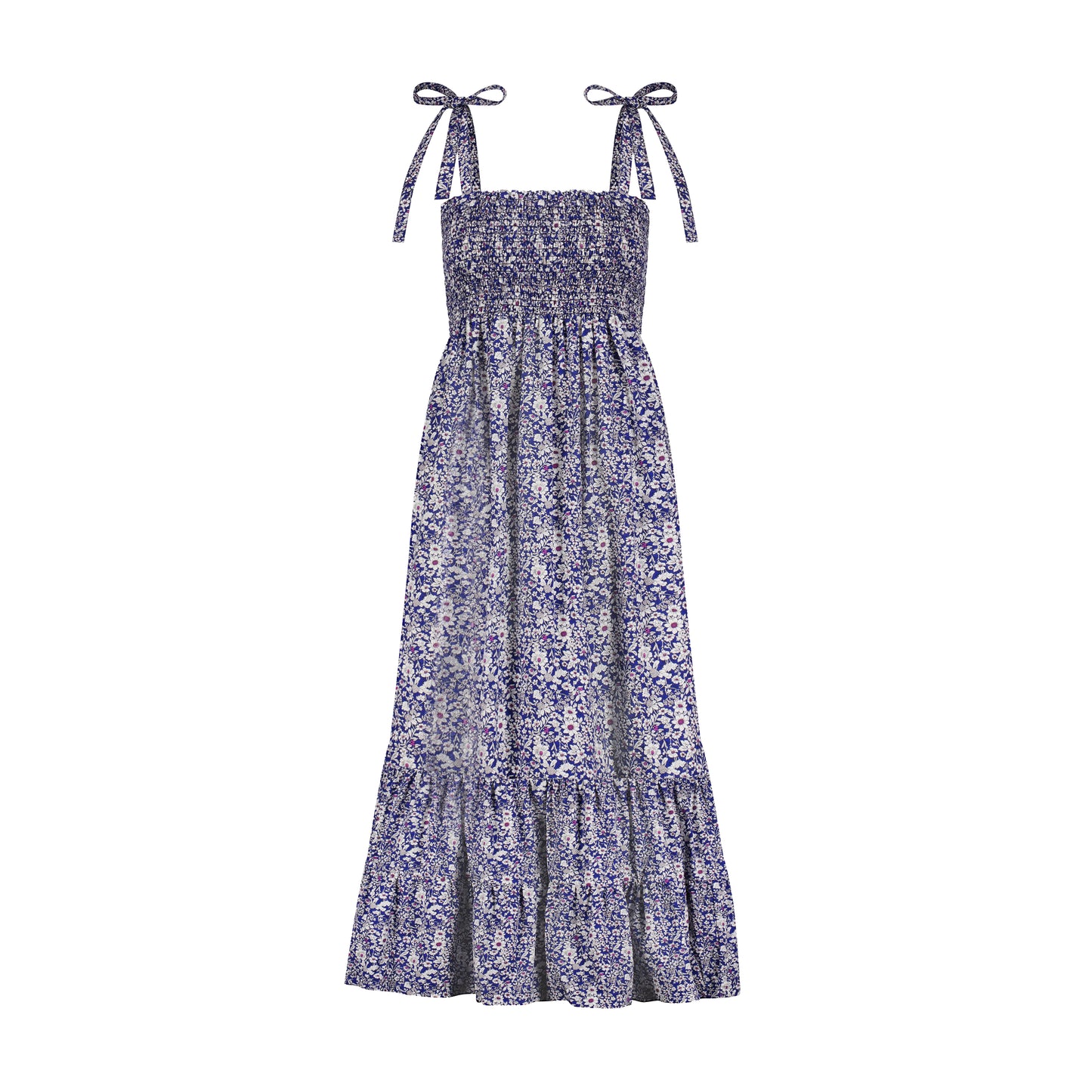Queen B....India WOMEN'S Smocked Shoulder Tie Maxi Dress Navy Floral