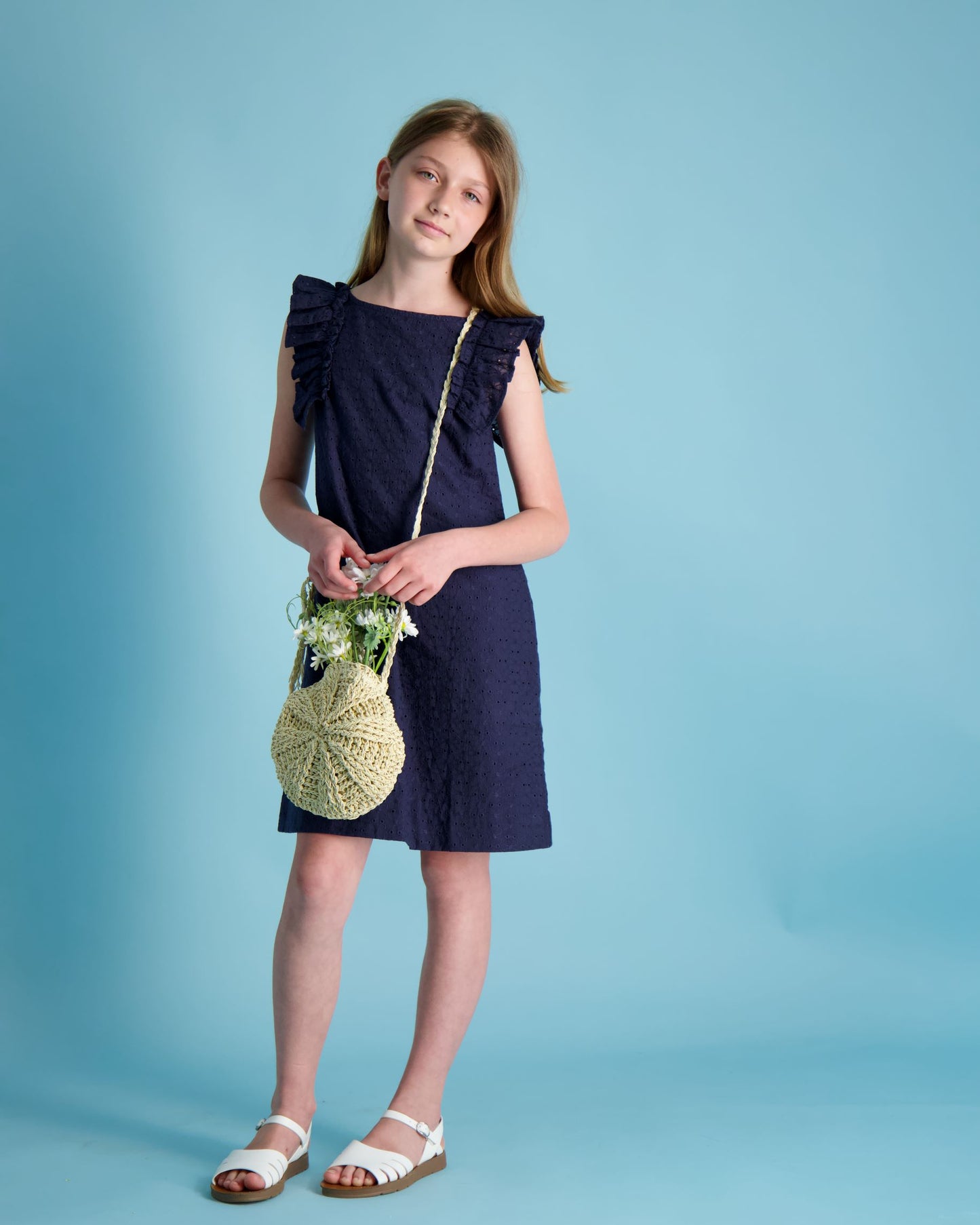 Grace Ruffle Sleeve Shift Dress Navy Eyelet