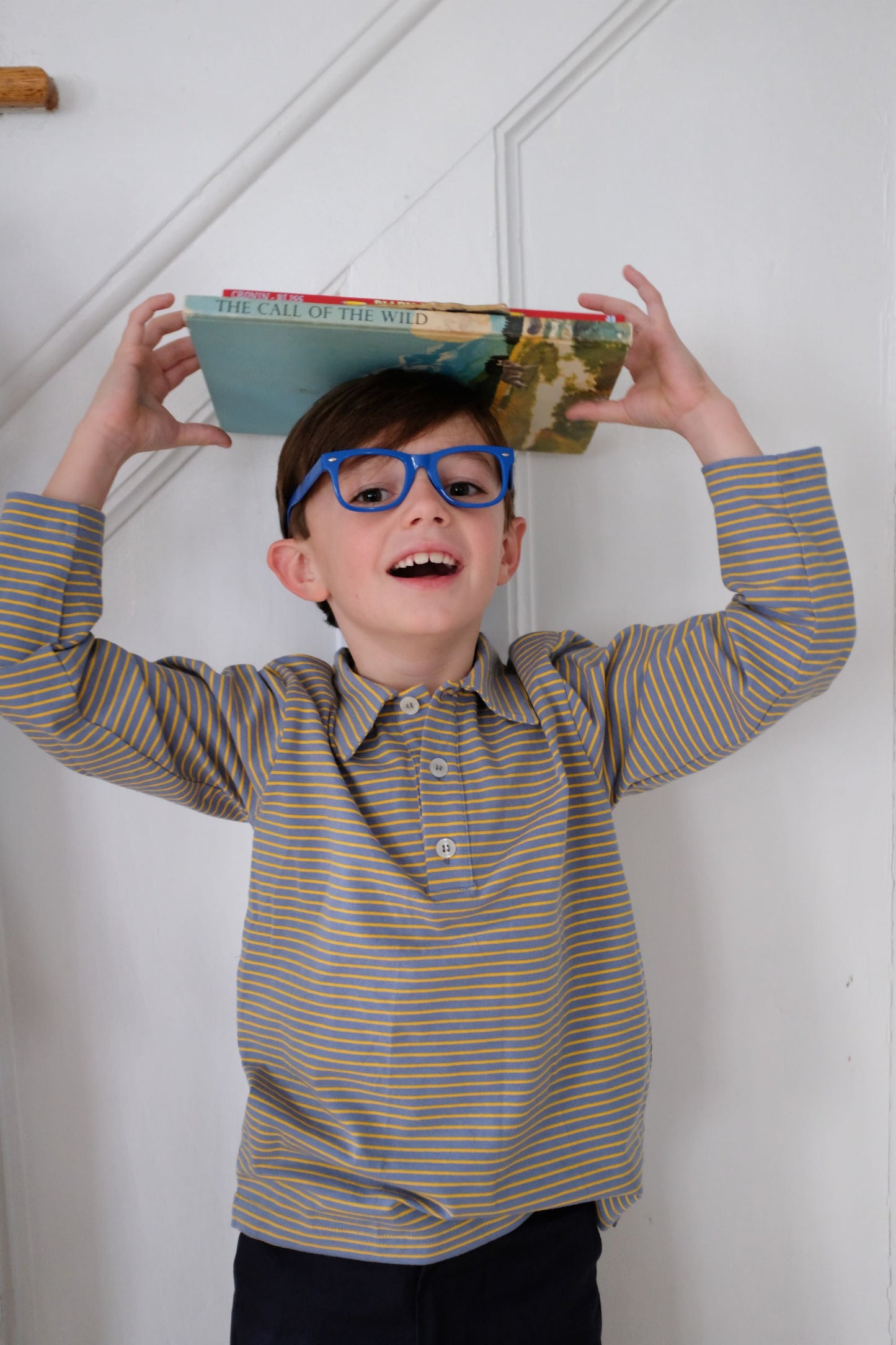 Boys Long Sleeve Polo Blue Yellow Stripe