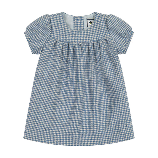 Matilda Girls Puff Sleeve Dress Blue Houndstooth Check