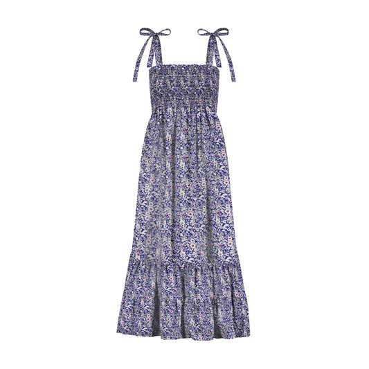 Queen B....India WOMEN'S Smocked Shoulder Tie Maxi Dress Navy Floral