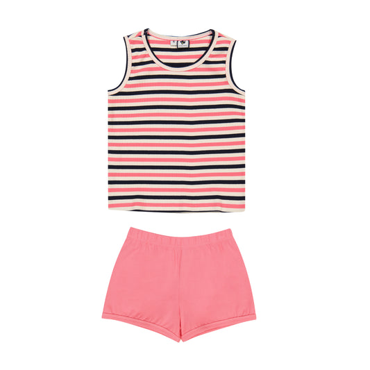 Remy Two Piece Tank + Bloomer Short Set Pink Navy Cream Stripe