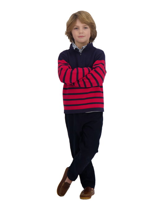 Cotton Boys Zip Sweater Navy Red Stripe