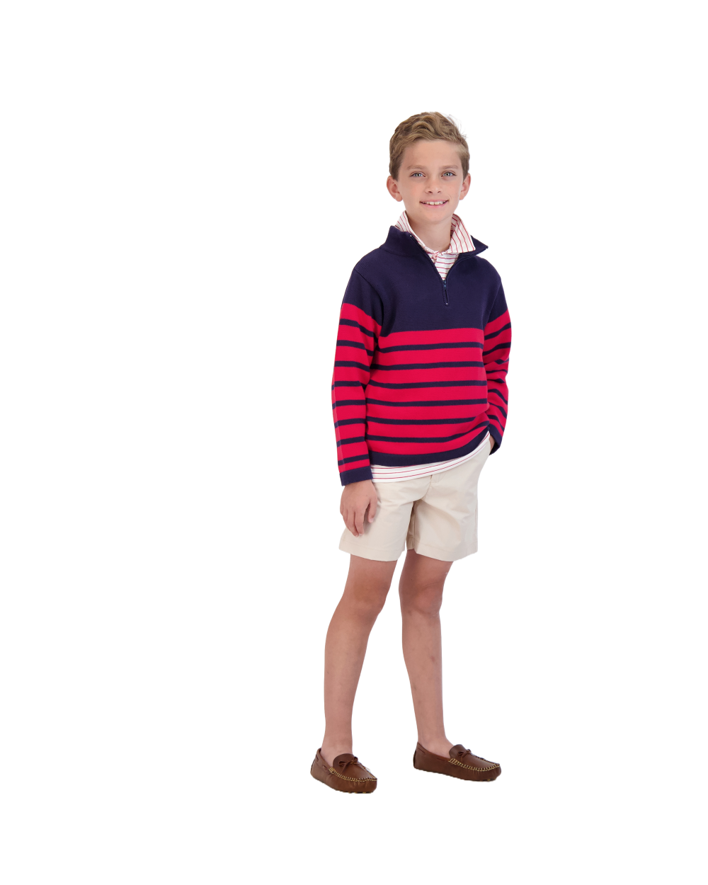 Cotton Boys Zip Sweater Navy Red Stripe