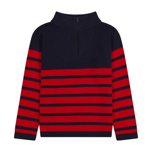 Cotton Boys Zip Sweater Navy Red Stripe