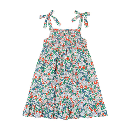 India Smocked Shoulder Tie Sundress Green Floral