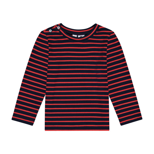 Henry Boys Button Shoulder Long Sleeve Tee Navy Red Stripe