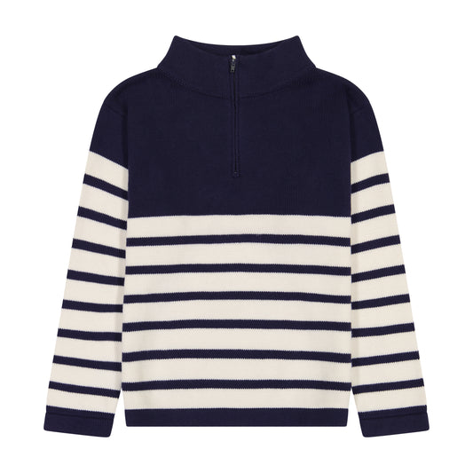 Cotton Boys Zip Sweater Breton Navy White Stripe