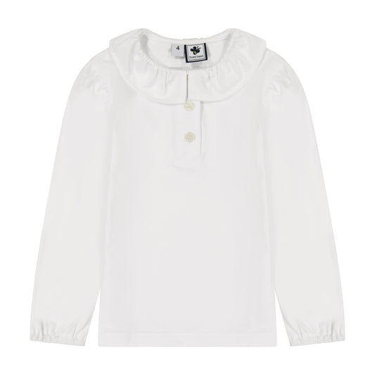 Eliza Girls Ruffle Knit Long Sleeve Polo White