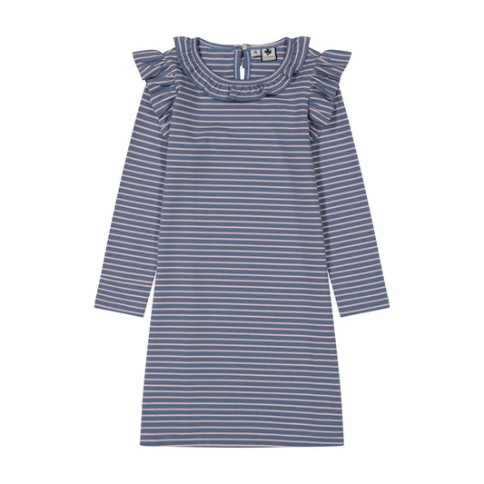 Luna Girls Ruffle Dress Blue Pink Stripe