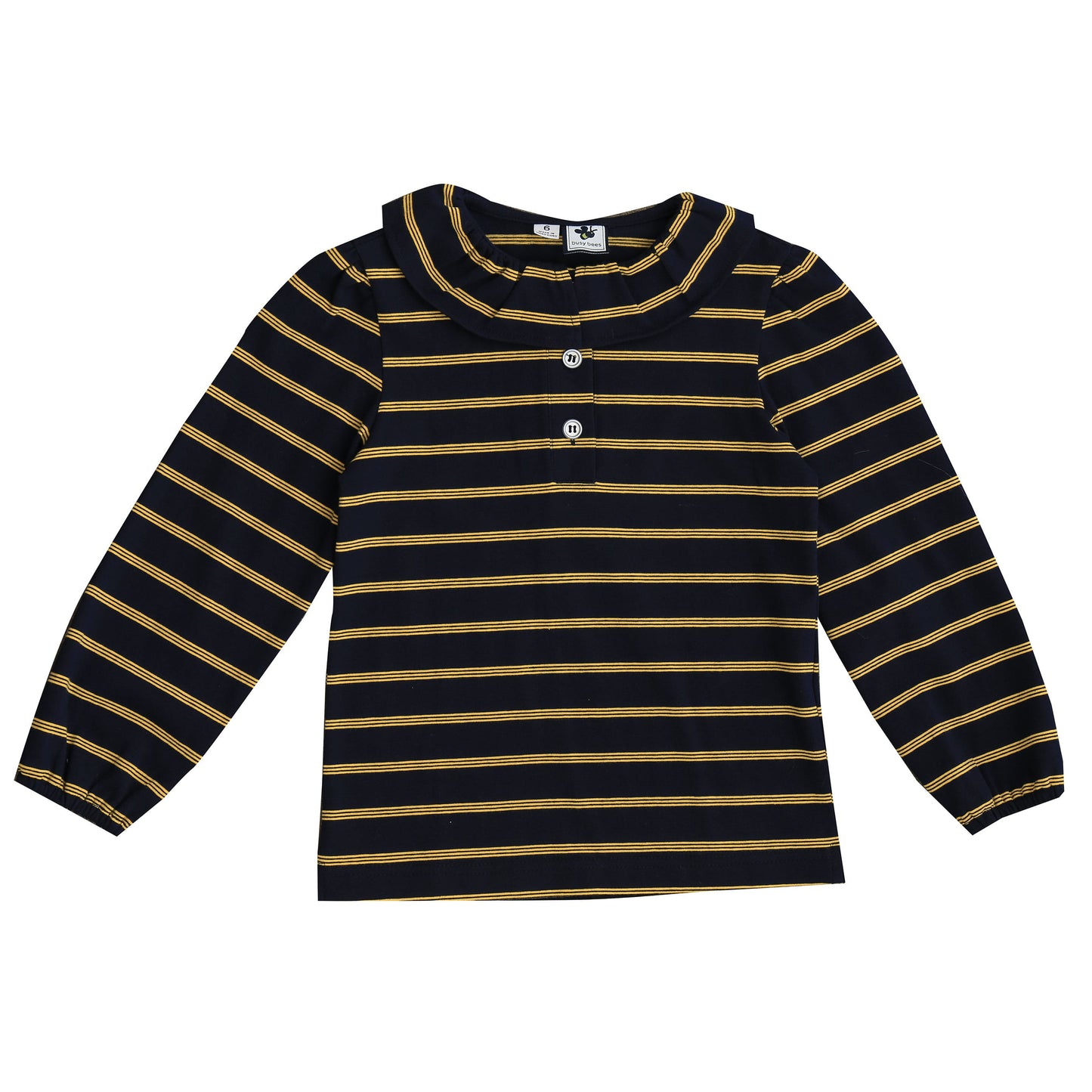 Eliza Girls Ruffle Knit Long Sleeve Polo Navy Yellow Stripe
